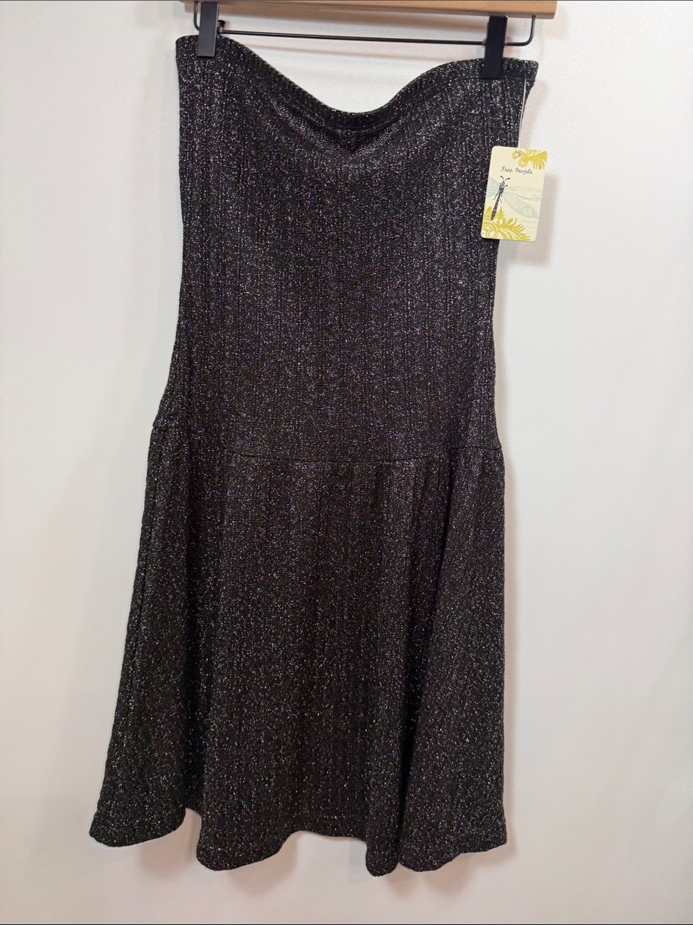 Free People Y2K black silver shimmer metallic strapless dress size medium NWT